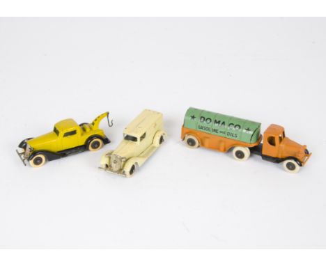 Pre-War Tootsietoy 0802 Mack Oil Trailer, orange first type tractor, black chassis, green tinplate 'Domaco' tanker, G-VG, 080