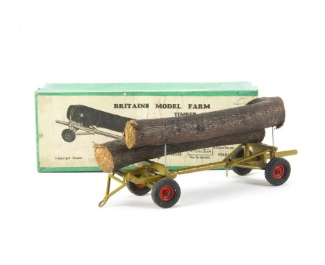 Britains post WW2 set 129F 'Timber Trailer with Rubber Tyres' (tractor drawn version) in uncommon 'muddy' khaki colour, G, so