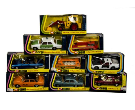 1970s Corgi Toys, 411 Mercedes-Benz 240D Taxi, 291 AMC Pacer X, 54 Massey Ferguson MF 50B Tractor with Shovel, 285 Mercedes-B