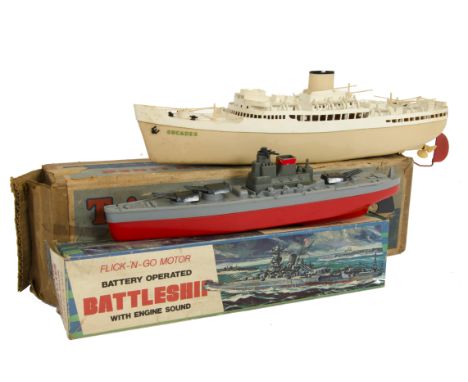 Tri-ang Electric Powered Ocean Liner 'R.M.S Orcades', and New Bright Hong Kong plastic battery-operated Battleship with engin