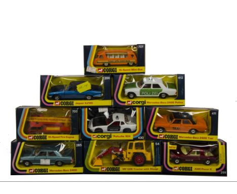 1970s Corgi Toys, 411 Mercedes-Benz 240D Taxi, 291 AMC Pacer X, 54 Massey Ferguson MF 50B Tractor with Shovel, 285 Mercedes-B