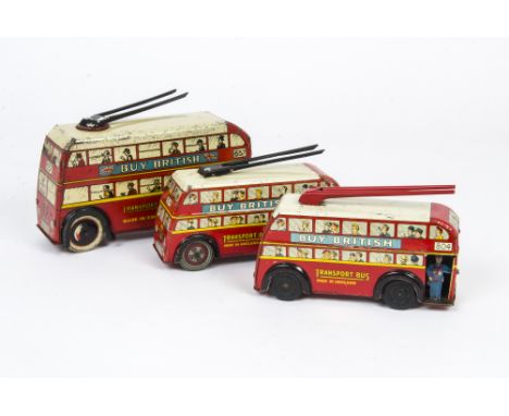 Wells Brimtoy Tinplate Trolley Buses, No.131 large Trolley Bus, tinplate, fixed key motor, two other smaller examples, one wi