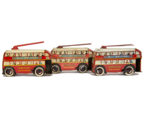 Wells Brimtoy No.131 Large Trolley Bus, three examples, all tinplate with fixed key mechanism, F-G, all with replacement trol