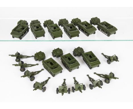 Dinky Toys 162 18-Pounder Field Gun Set, nine examples, all comprising 162a Light Dragon Tractor, 162b Trailer, 162c Gun, F-V