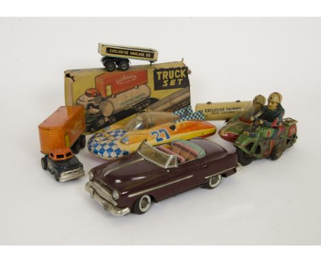 Alps Japan Tinplate Friction Drive Truck Set, comprising Tractor Unit with three differing trailers, in original box, loose H