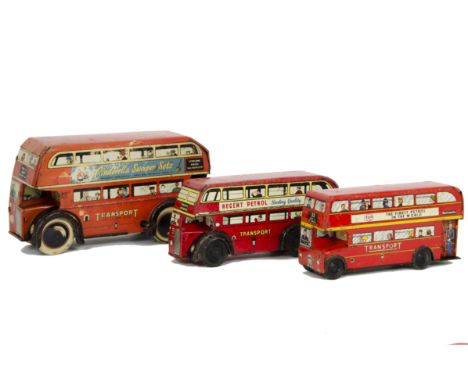 Wells Brimtoy Tinplate Double Decker Buses, three examples, first large with fixed key motor, 'Cinderella Sweeper Sets' adver