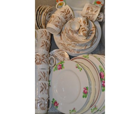 Ceramics - an English Ironstone dinner and tea service, Sepia Harvest. Foley cake stand, etc; qty