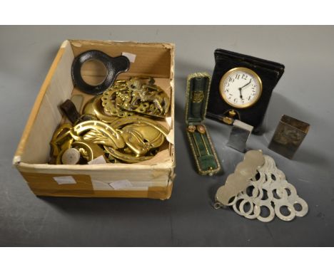 Boxes and Objects - a leather casted travelling alarm clock; horse brasses; tie pins, etc