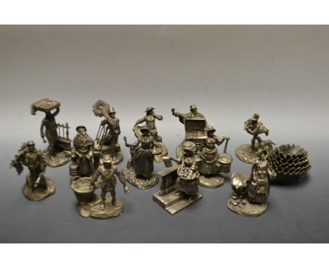 John Pinches - a set of twelve pewter figures, The Chimney Sweep;  The Watchmaker;  Lavender Girl etc ;  a graduated set of h