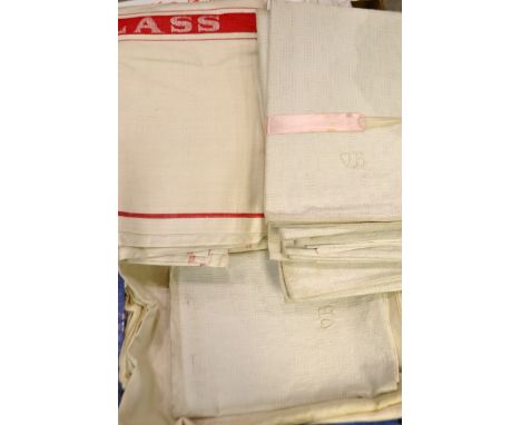 Textiles - Irish linen tea towels (unused) 19th century linen damask tablecloth and tea towels, with monogram VB; 