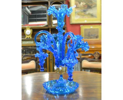 A Victorian blue glass epergne, of three trumpet and three basket form, c. 1860