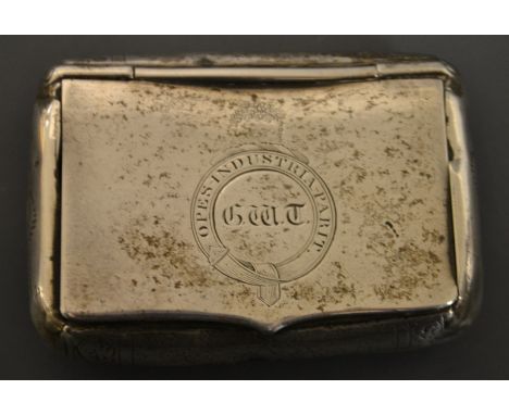 An engraved silver snuff box, Opus Industria Parit, Birmingham 1819