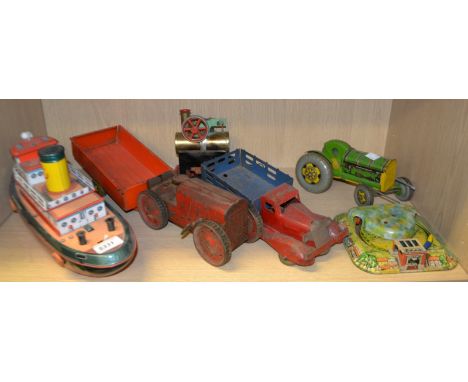 Juvenalia - a Japanese tin-plate Neptune tug boat, Mamod steam engine model; Mettoy tractor; other tin-plate vehicles; qty (1