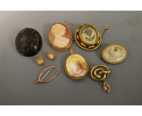 Jewellery - a cameo portrait brooch, maiden, 9ct gold frame, a pair of similar earrings; a Victorian carved jet mourning broo