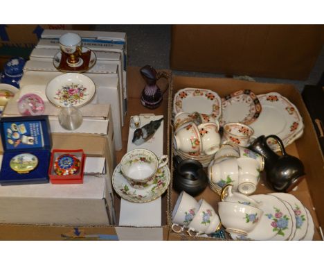 An Edwardian Imari tea set; a Staffordshire floral tea set; a Halcyon Enamel patch box and cover, printed with game hunting, 