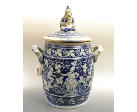 A German  Simon Peter Gerz stoneware two handled Rumtoft  jar and cover, in relief with gnomes and fruiting vine, domed cover