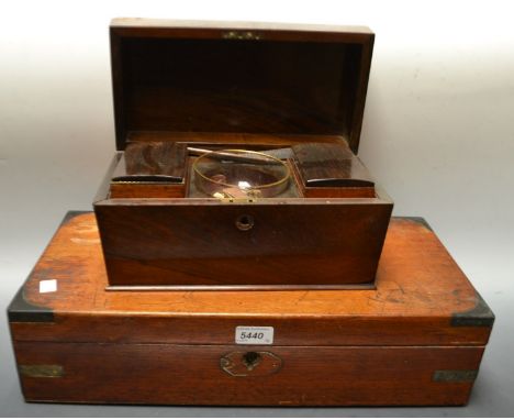 A Victorian rosewood veneered rectangular sarcophagus form tea caddy, central mixing bowl, two lidded canisters (for restorat