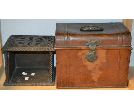 A miniature brown painted tin trunk, swing handle, closing with a clasp, 32cm wide; a  Victorian  dark oak box, carved with b