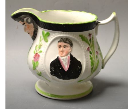 Politcal Interest - an early 19th century polychrome jug, moulded and painted with portrait cameos, thistles and roses, T Den