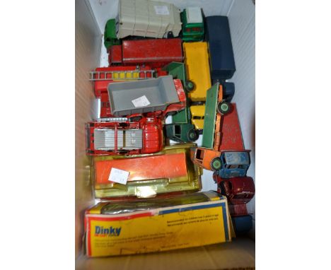 Dinky Toys - 291 Atlantean City Bus;  978 Refuse Wagon, both boxed;  Ford Transit Fire Van;  259 Fire Engine x2;  Slumberland