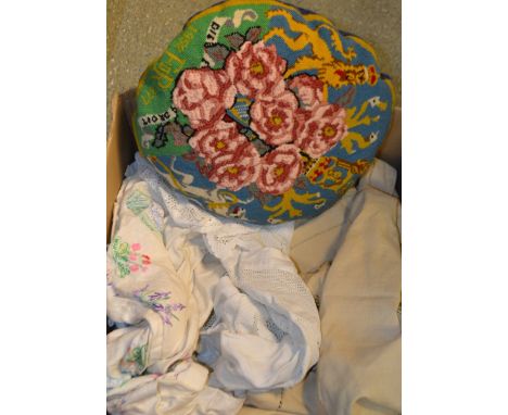 Textiles - a 1920s raw silk bed spread, embroidered with Chinoiserie scenes; a Silver Jubilee 1977 worked cushion; hand embro