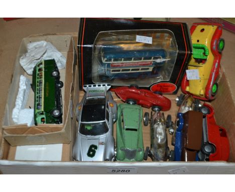 Toys - a Timpo Toys friction fire engine;  a Red Racing car;  a Crescent Toys car;  a Aviva toys car;  a Scalextric c.125 Por