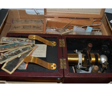 Photography - a mid-20th century magic lantern/projector; developing aparatus; magic lantern slides