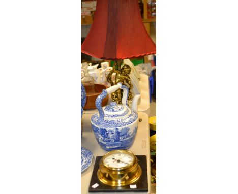 A large Spode's Italian pattern tea kettle, transfer printed in blue and white; a novelty gilt brass table lamp cast as a che