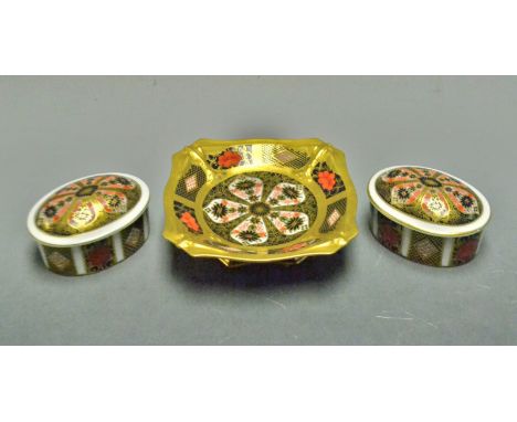 A Royal Crown Derby 1128 miniature shape square comport, first quality, printed marks; a pair of oval 1128 trinket boxes and 