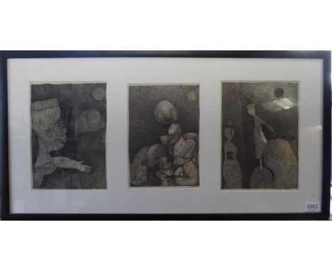John Kingerlee (b. 1936) Irish Abstract figurative studies Signed and dated (19)69, black ink, three mounted in one frame, 26