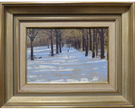 Robert King RSMA, RI (b.1936) Figure walking a dog in the snow, Victoria Park, Leicester  Signed, oil on board, 18.5cm by 28c