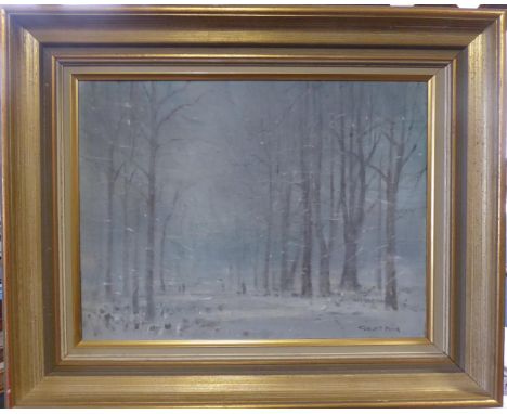 Robert King RSMA, RI (b.1936) Snow Storm, Victoria Park, Leicester  Signed, oil on canvas, 29cm by 39.5cm  Some slight surfac