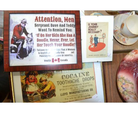 Mixed Lot: Reproduction advertising print Cocaine Toothache Drops, novelty Health Canada poster and reproduction railway adve