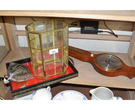 Mixed Lot: Small barometer, table top display cabinet, serving tray and coasters