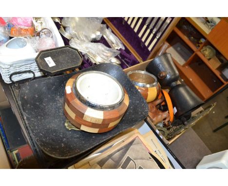Vintage kitchen scales, various wooden bowls and other assorted items