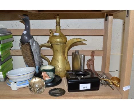 Mixed Lot: Assorted items to include Middle Eastern coffee pot, various ashtrays, hip flask etc