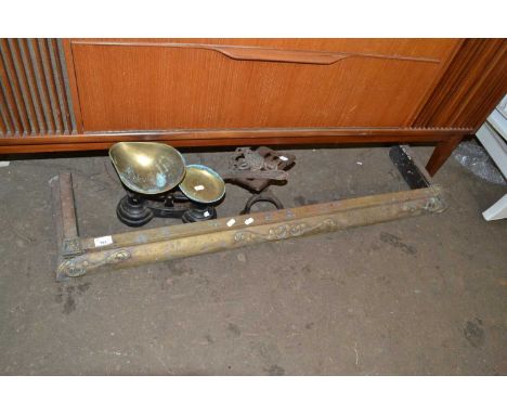 Brass fire fender, vintage scales, trivet and a wall bracket