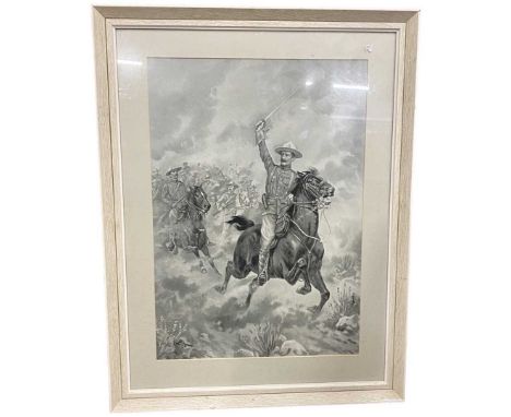 Boer War print of cavalry, initialled 'B.F' to lower right, lithograph, mounted, 20x14ins, framed and glazed.