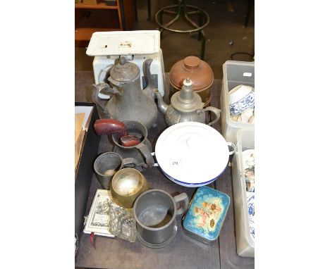 Mixed Lot: Pewter tankard, tea wares, kitchen scales etc