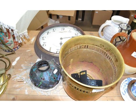 Mixed Lot: Wall clock, Tiffany style ceiling light shade and a brass jardiniere