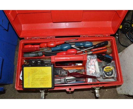 Red plastic tool box and contents