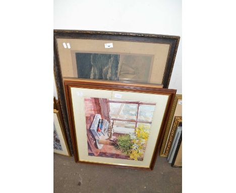 Mixed Lot: Coloured print yacht racing scene, plus further study of mother and child and an interior scene with flowers