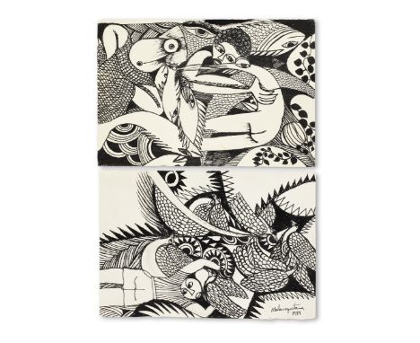 Malangatana Valente Ngwenya (Mozambican, 1936-2011)Two ink drawings: 1. 'A donzela que nao queria casar' ('The maiden who did