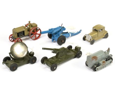 Tootsietoy group of 6 to include Tractor, mobile searchlight field gun plus others - conditions are generally Fair to Excelle