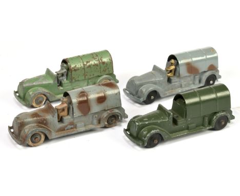 Tootsietoy group of 4 supply trucks (1) Camouflage grey/brown, black hubs with white tyres, (2) same but black wheels and (3)