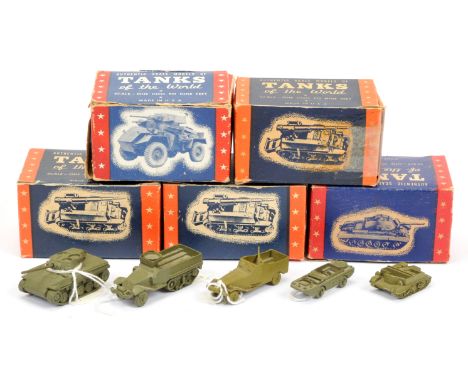 Authenticast diecast Military vehicles group of 5 (1) Scout Car (2) Amphibian (3) US 76mm Gun (4) US half-track and (5) Utili