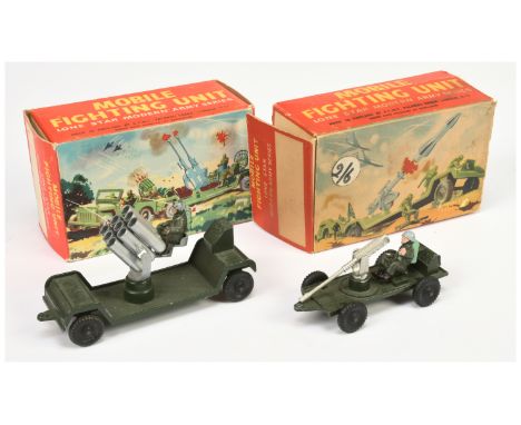 Lone Star Military a pair of gun/battery launcher trailers (1) green, with silver battery launcher and (2) with Pom gun, shor