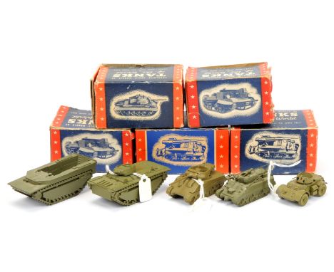 Authenticast diecast Military vehicles group of 5 (1) Us Medium Tank (2) US Armoured Car, (3) Landing Tank, (4) Landing Vehic
