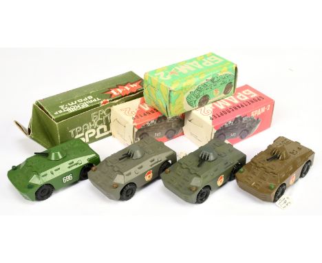 Russian made group of 4 Armoured cars (1/43rd) scale - (1) mid-green, (2) drab green, (3) grey and (4) brown - all come with 