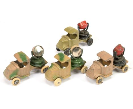 Tootsietoy group of 4 Mack Trucks with searchlights (1) Camouflage tan/green including light base, white tyres, (2) same but 